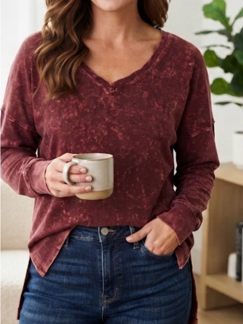 Zenana Signature Mineral Wash V-Neck Long Sleeve Top Burgundy 3X Like New